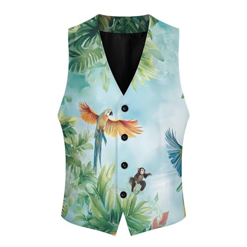 Vintage Jungle Parrots Monkey Men's Formal Suit Vest for Business Formal Or Casual Dress Waistcoat Wedding4