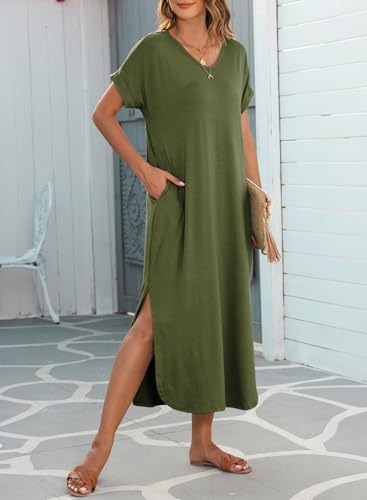 Image of Dokotoo Womens Casual Maxi Dress Summer Dresses Swimsuit Coverups for Women Long T Shirt Dresses Short Sleeve Vneck Sundress Plus Size Jungle Green Dress XL