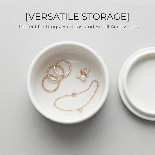 HANABASS Boîte à bijoux ronde en céramique blanche avec couvercle pour ranger boucles d'oreilles, bagues et petits accessoires, organisateur compact pour bijoux et cosmétiques, cadeau élégant – vue 4