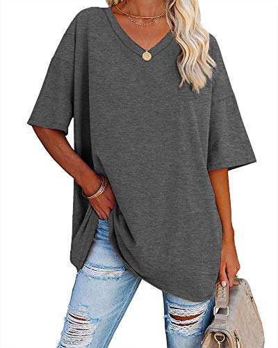 Ebifin Women's Oversized T Shirts Tees Half Sleeve V Neck Comfy Cozy Cotton Tunic Tops #TOP26