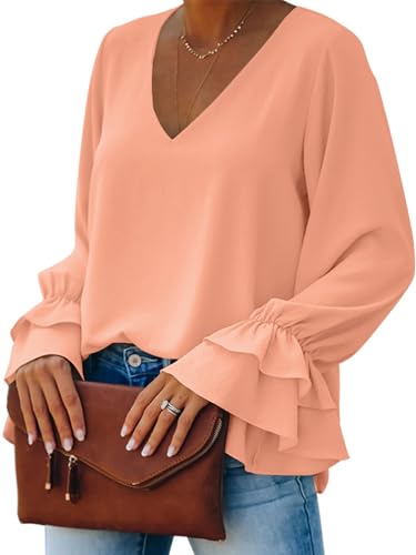 Photo de LYANER Chemisier décontracté à manches longues avec col en V et volants pour femme, corail, Taille XL