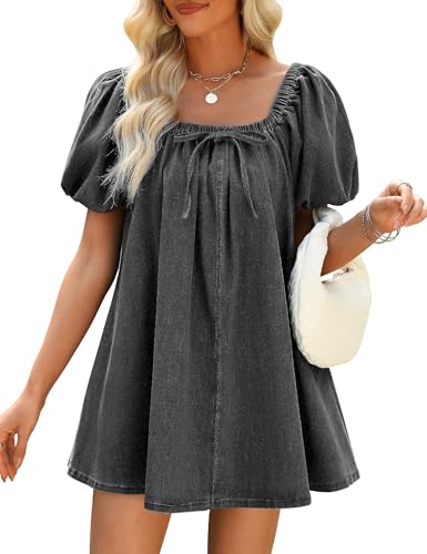 Image of Women Denim Dress Puff Short Sleeve Square Neck Jean Dress 2026 | Two Side Pockets, Babydoll Mini Dress, Stretchy Breathable Fabric, Casual Daily Outfits, Western Counrty Concert Outfits