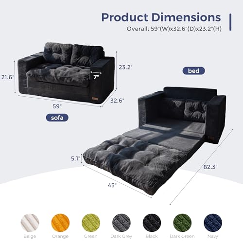Image of MAXYOYO Convertible Sofa Bed, Pull Out Loveseat Sofa Couch, 2 in 1 Folding Couch Bed, Fold Out Floor Couch with Pillows for Living Room Bedroom Lounge, Black