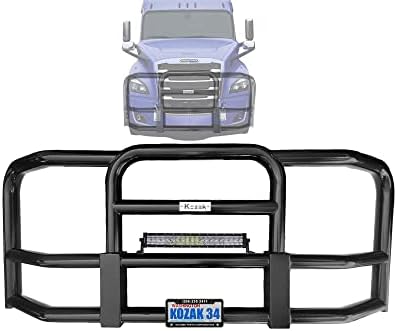 Freightliner Cascadia Front Grille Deer Moose Brush Bumper Guard 2018-2020 - BLACK with 22" LED light 2x 22" Windshield wiper Mounting Brackets License plate holder and frame, Kozak Vest Included