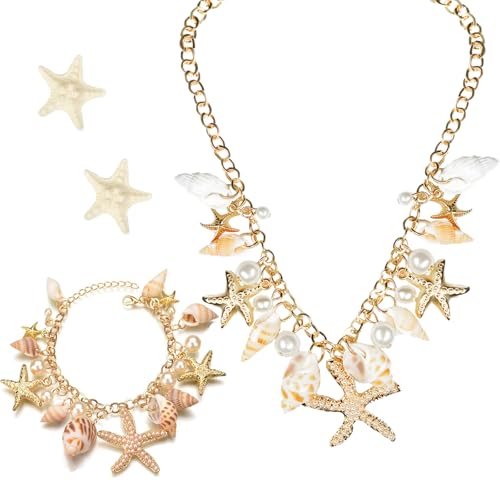 ownmysty Starfish Shell Necklace/Bracelets/Hair Clip, Beach Summer Jewelry Accessories for Women, Mermaid Accessories for Beach Vacation, Mermaid Costume, Party, Starfish Necklace Bracelet Hair Clip