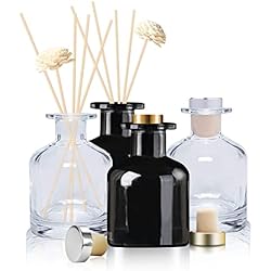 HOSSIAN 2 Clear Glass Diffuser Bottles 2 Black Diffuser Bottles -with Natural Reed Sticks Use for DIY Replacement Reed Diffuser Sets (Clear+Black)