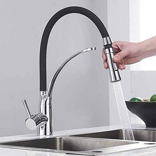 Heable Pull Down Kitchen Sink Mixer Tap with Dual Function Sprayer, Single Lever Swivel Spout Kitchen Taps with Black Silicone Hose, Available Chrome Finish Solid Brass