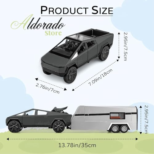 Image of 1:32 Tesla Cybertruck with Pickup Trailer Alloy Car Model Scale Diecast Metal Off-Road Vehicles Truck Model Sound and Light Kids (Gray)