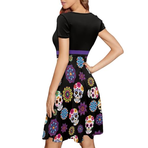 Image of HUGS IDEA Womens Puffy Swing Midi Dress Round Neck Short Sleeve Party A-Line Dresses
