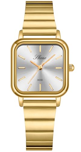 PASOY Women’s Square Dial Gold Watch Elegant Minimalist Design Quartz Fashionable Colors Stainless Steel Bracelet Waterproof Sport Watch