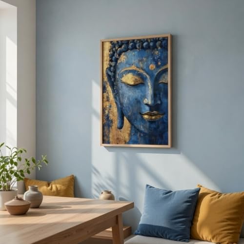 Image of Livin'luxe Blue Buddha Face Wall Art with Wooden Frame | Golden Textured Buddha Painting HD UV Laminated Print on MDF | Spiritual Meditation Home Decor for Living Room Bedroom Office 13.5 x 19.5 Inch