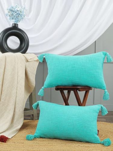 Image of HOMADORN Luxury Cotton Handmade Decorative Boho Throw Pillow Covers with Tassels for Sofa Couch Living Room Indoor Outdoor Chair Car Farmhouse (12X20 INCHES (Rectangle), Turquoise (Pack of 2))