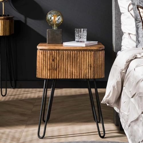 RINGO Living Massivholz Nachttisch mit Ablage & Schublade, Mangoholz Nachtschrank Vintage Style, Holz Metall Nachttisch