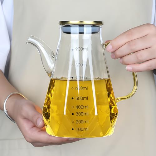 HOYUANSU Glass Oil Dispenser Bottle - Glass Olive Oil Bottle for Kitchen, Wide Mouth Borosilicate Glass Cooking Oil Bottles with Lid and Handle (900ML) by HOYUANSU - Used condition - US$18.22