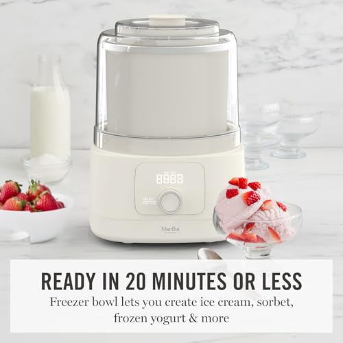Image of Martha Stewart Ice Cream Maker, 2 Quart Double-Insulated Freezer Bowl, Sorbet & Frozen Yogurt, Ready in 20 Minutes, Mix-Ins Chute, Easy to Clean, Linen Cream