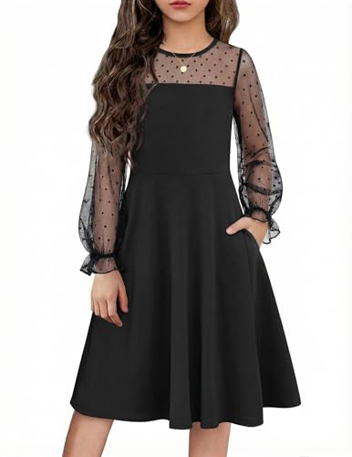 Flypigs Girl's Dress Sheer Mesh Puff Long Sleeve High Waist Black Halloween Funeral Dresses for 12-13 Years
