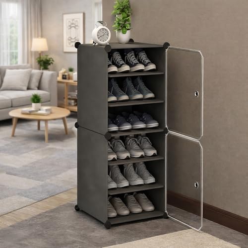 Image of EVRUM Plastic Shoe Rack for Home with Door, 2 Door 6 Shelf | DIY Shoe Stand Organizer Cabinet for 12 Pairs Storage | Portable Slipper & Chappal Stand (Black)