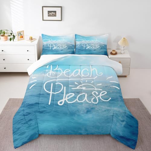 Ocean Theme Comforter Set Twin, Nautical Ocean Beach Bedding Set, Summer Hawaiian Sea Wave Down Comforter, Tropical Holiday Style Bedding Comforter Sets, Ultra Soft Microfiber Duvet Insert, 2Pcs