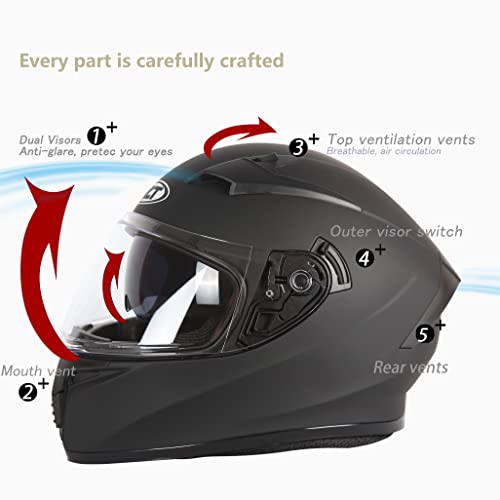 Helmo Motorcycle Helmet Dot/Fmvss 218 Approved Full Face Motorcycle Street Bike Helmet Unisex-Adult Motorcycle Racing Modular Street Helmet Matt Black… (X-Large) #TOP2