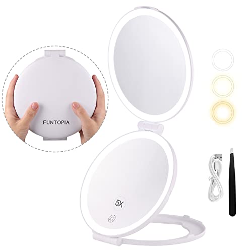 Travel Mirror With Light, 6.3" Magnifying Mirror 5X/1X, Funtopia Rechargeable Makeup Vanity Mirror With Magnification, Portable Led Compact Mirror, Double Sided Folding Cosmetic Mirror, 3 Colors Light #TOP6