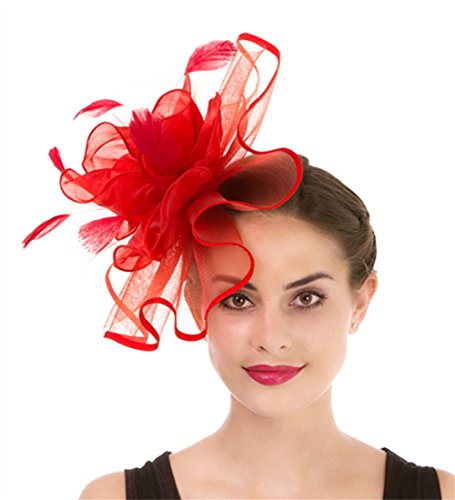 Fascinator Women's Organza Church Kentucky Derby British Bridal Tea Party Wedding Hat Summer Ruffles Cap(Hj2-Red) - Thumbnail 2