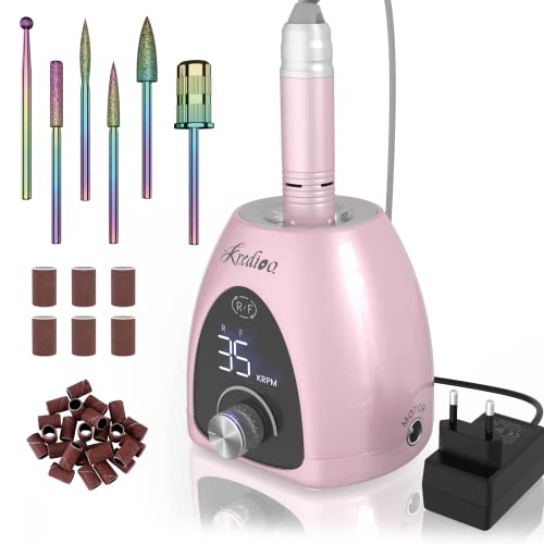 Kredioo Torno para Uñas Profesional 35000 RPM, Lima Electrica, Pulidor, Limador, Manicura y Pedicura Electrico, Fresa Portátil, Kit 6 Fresas, LED Tátil, Quitar Acrílico Gel/ Esmalte/ Callos, Rosa
