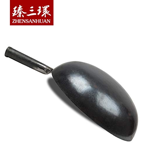 Zhensanhuan Chinese Hand Hammered Iron Woks And Stir Fry Pans, Non-Stick, No Coating, Less Oil, 章丘铁锅，Carbon Steel Pow (Seasoned 32Cm) #TOP3