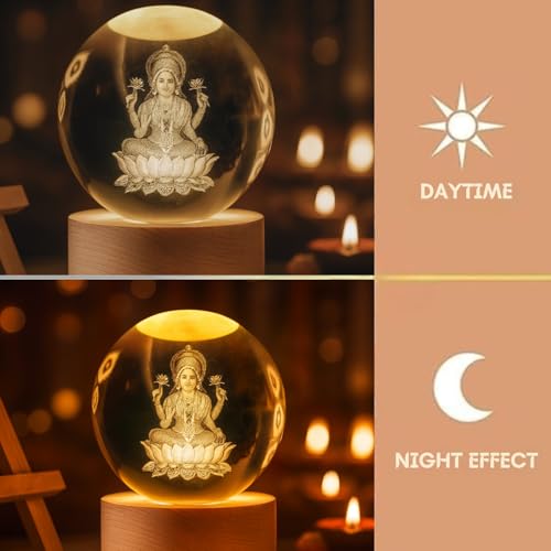 Image of One94Store 3D Crystal Ball Night Lamp - Engraved Goddess Lakshmi LED Light, USB-Powered Table Lamp with Wooden Base, Elegant Home & Office Decor, Bedroom, Anniversary, Birthday Gift (Warm White)