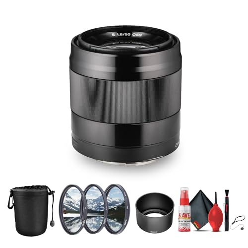 Sony E 50mm f/1.8 OSS Standard Prime Lens – Image Stabilized, Lightweight (SEL50F18/B) + Filter Kit + Cleaning Kit + Lens Pouch + Cap Keeper