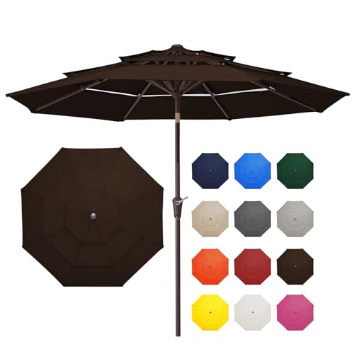 Image of JEAREY 9FT 3 Tier Patio Umbrella Outdoor Market Umbrella Table Umbrellas with 8 Ribs 1.5 Pole Push Button Tilt and Crank UV Protection for Garden,Brown