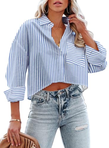 Button Down Crop Tops for Women Cropped Striped Shirts Dressy Casual Collared Blouses Summer Lightweight Tee Top