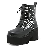 mikarka Women's Chain Platform Boots Lace Up & Zipper Chunky Heel Black Combat Ankle Booties Fashion Studded Motorcycle Boots