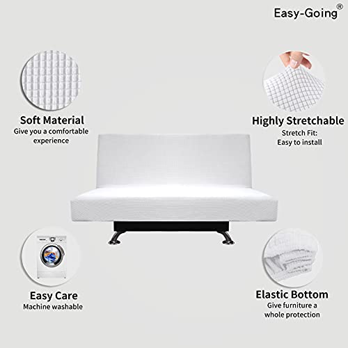 Image of Easy-Going Stretch Medium Futon Slipcover Armless Futon Cover Snow White | Sofa Bed Furniture Protector Without Armrests with Elastic Bottom for Kids, Soft Jacquard Machine Washable