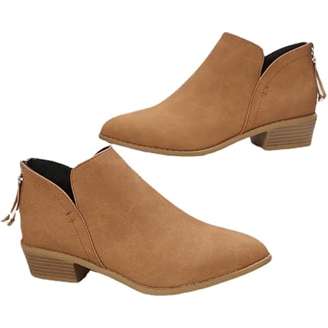 Womens Ankle Boots Faux Suede mid Low Block Heel Ladies Cowboy Style Vintage Back Zip Fashion Chelsea Boots Nude Boots Size 3-8UK (6.5,Brown) Cover