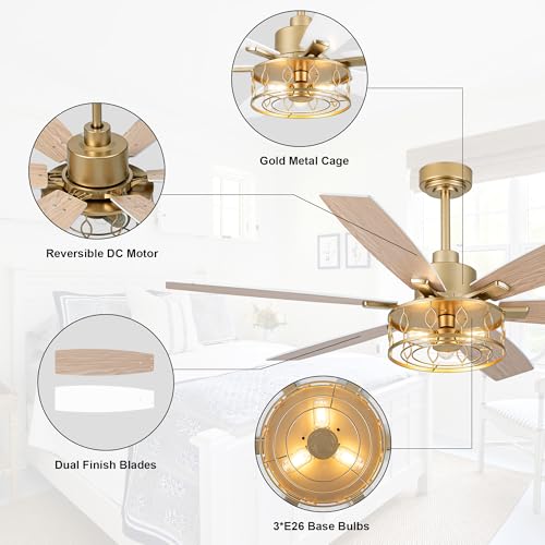 Image of White and Gold Ceiling Fan with Lights 60 inch Fandelier Ceiling Fan | Gold Caged Chandelier, Modern Fandeliers with Lights and Remote for Living Room Bedroom Covered Outdoor, Reversible 6 Speeds
