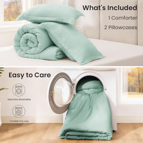 Image of Love's cabin Aqua Queen Comforter Set, 3-Piece Prewashed Bed Set with 1 Comforter (90 x 90 in) & 2 Pillowcases, Lightweight & Breathable for All Seasons