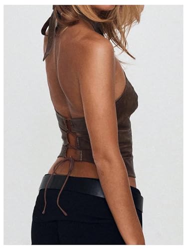 Verdusa Women's Y2K Lace Up Backless Leather Halter Top Rave Club Going Out Tops4
