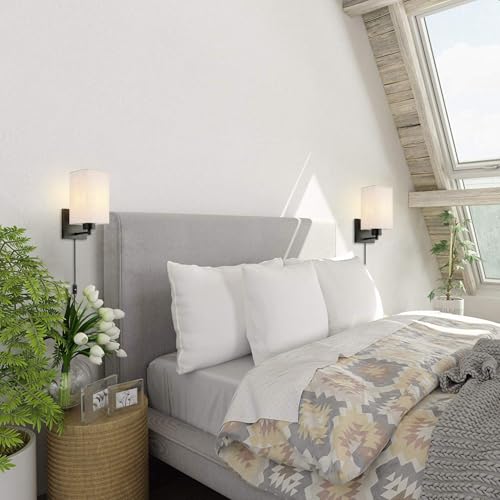 Image of KOONTING Plug in Wall Sconce Set of 2, Rustic Wall Lamp with Plug-in Cord and On /Off Toggle Switch, Linen Fabric Shade Wall Light Fixture for Headboard Bedroom Living Room Hallway (Square-Linen)