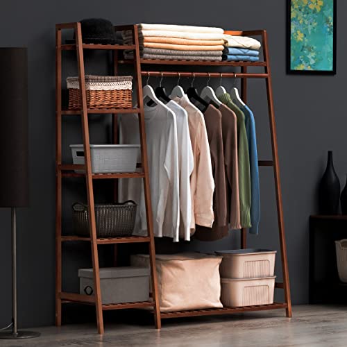 Zzbiqs Bamboo Clothing Rack With Shelves Ladder Clothes Hanger Rack Heavy Duty Freestanding Coat Closet Garment Rack For Hanging Clothes /Folding Clothes/Shoes, 43.3" L X 15.7" W X55.1 H #TOP2