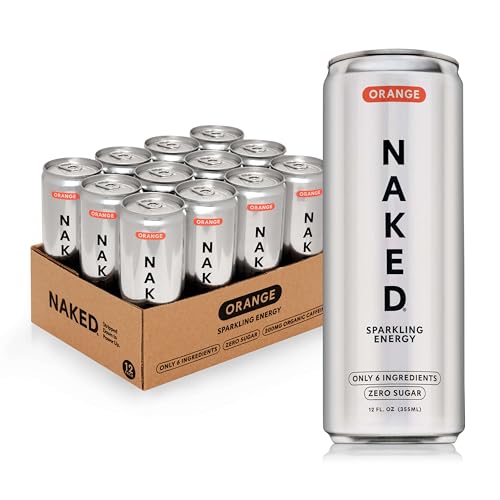 Naked Sparkling Energy Drink - Orange, Organic Caffeine, Organic Lemon Juice, Zero Sugar, No Sucralose, Naturally Sweetened, Clean Energy Drinks, Vegan, Gluten-Free, Non-GMO - 12oz Cans (Pack of 12)