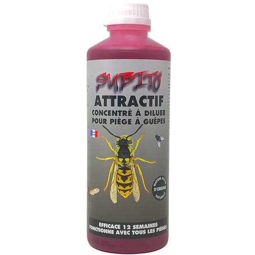Subito Attractif Guêpes, Frelons et Mouches – Liquide pour piège Guêpes/Protection Naturelle et Efficace - Concentré à diluer, peut être utilisé dans tous types de pièges. Fabriqué en France - 500ML