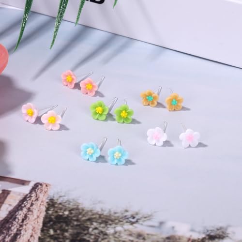6 Pairs Plastic Earrings for Sensitive Ears, Resin Colorful Flower Ear Studs Plastic Post Earrings for Women Jewelry Present - Thumbnail 3