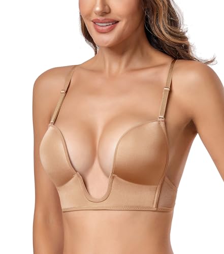 HANSCA Women's Plunge Deep U Bra Cleavage Push Up Low-Cut Plunging Bras Convertible Padded Support (Nude, Size S)