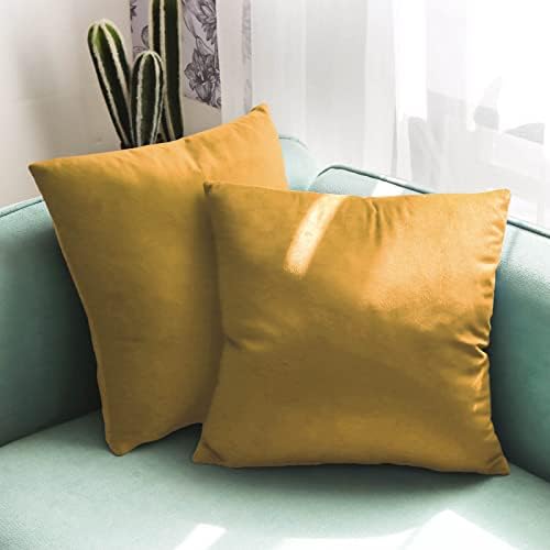 Cyuripu Pack of 2 Pillow Covers Golden Throw Pillow Covers 18 x 18 Inch Velvet Decorative Pillow Covers Soft Solid Square Pillow Cases No Pillow Inserts for Bay Window Floor Sofa Home Decor, Golden