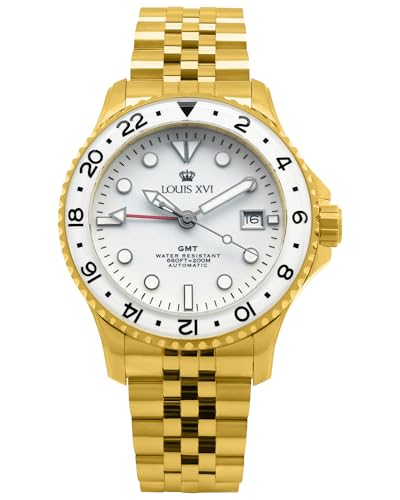LOUIS XVI Mirabeau GMT 1431 – 41 mm Diameter – Men's Watch – Waterproof – Sapphire Glass – Gold Strap – White Dial – Automatic Watch, Gold, Bracelet