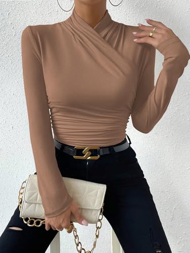 Image of SweatyRocks Women's Ruched Mock Neck Long Sleeve T Shirt Solid Slim Fitted Tee Tops