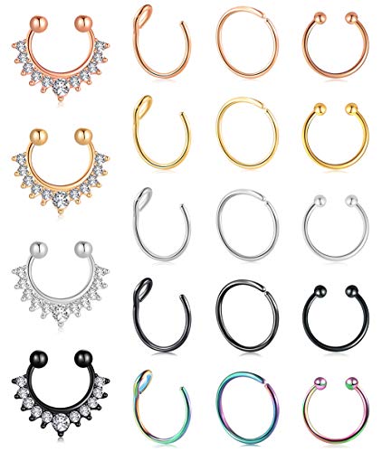 Fzroezz 20G Fake Nose Rings Hoop Clip-on Stainless Steel Septum Jewelry Non Piercing Fake Cartilage Earring Lip Rings Faux Nose Ring Piercing Jewelry for Women Men