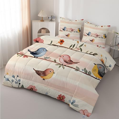 Boceoey Pájaro Edredón Cama 90 Flores - Edredón Reversible 4 Estaciones de Microfibra, Diseño Acuarela Pájaro De Dibujos Animados, Suave Relleno Nórdico 180x220 cm y 2 Fundas de Almohada AX-570