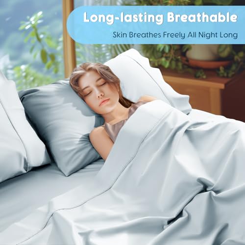 Image of SONORO KATE 1000 Series 100% Egyptian Cotton King Sheet Set,4 Pieces | Soft,Breathable Long Staple,Sateen Weave,Luxury 5-Star Hotel Bed Sheets,16 inch Deep Pocket,Light Blue