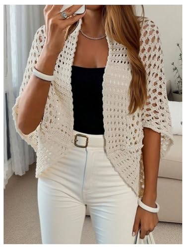 MakeMeChic Women's Crochet Cardigan Sweater Half Sleeve Open Front Knitted Fall Outerwear2